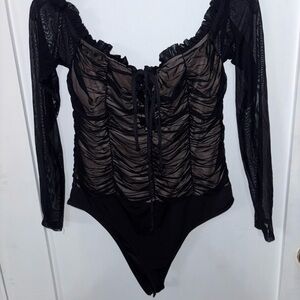 Fashion Nova Black Ruched Sheer Long-Sleeve Bodysuit